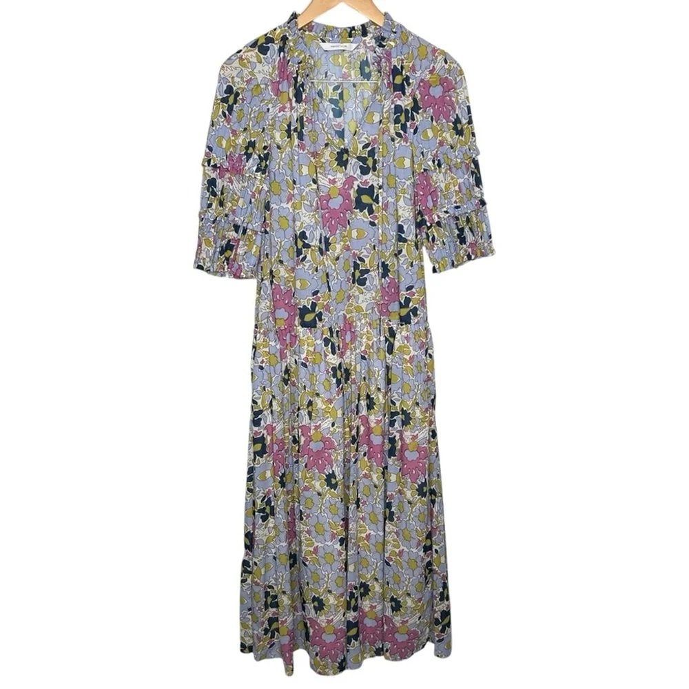 Rebecca Taylor Passion Flower Pleated Puff Sleeve Midi Dress Women's Small